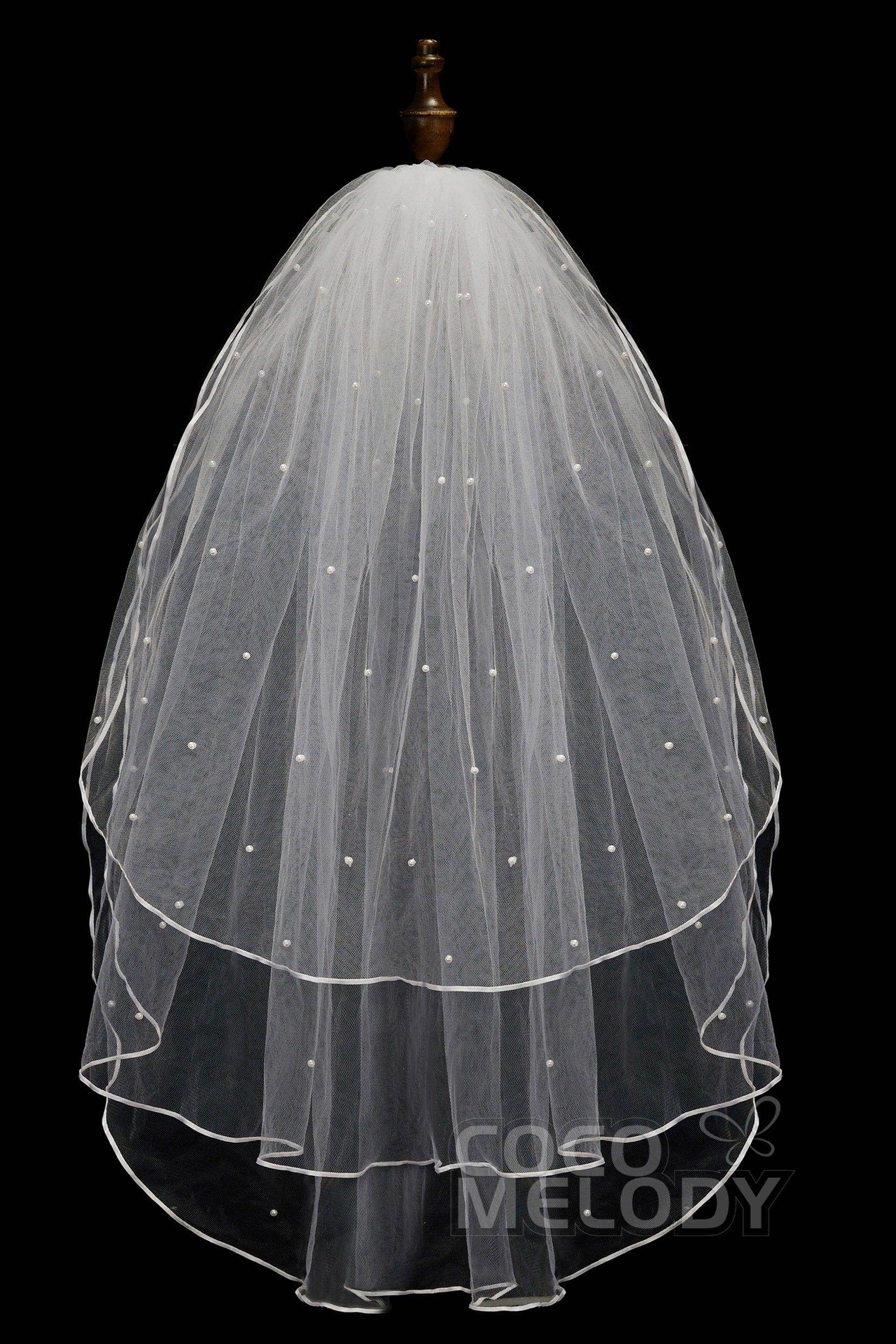 Three-tier Ribbon Edge Tulle Hip Veils with Pearls AV18009 - COCOMELODY